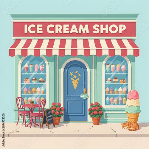 A colorful illustration of an ice cream shop with a striped awning and outdoor seating area on a sidewalk.
