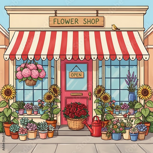 A vibrant flower shop exterior with a red door and striped awning displays various plants and flowers outside on a sunny day with a sign that reads open