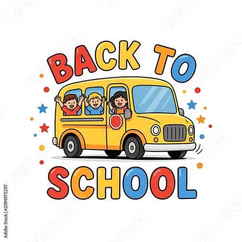 Children wave from a yellow school bus with colorful text and stars