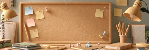Empty cork notice board on a desk with stationery and a lamp, back to school banner
