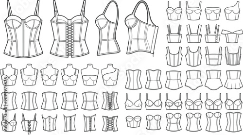 Foto Fashion Corset Top Technical Sketch Collection with Bustier Templates, Front Bac