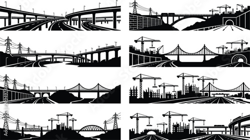 Fotografía Transportation Infrastructure Silhouette Collection with Highways Bridges Railwa