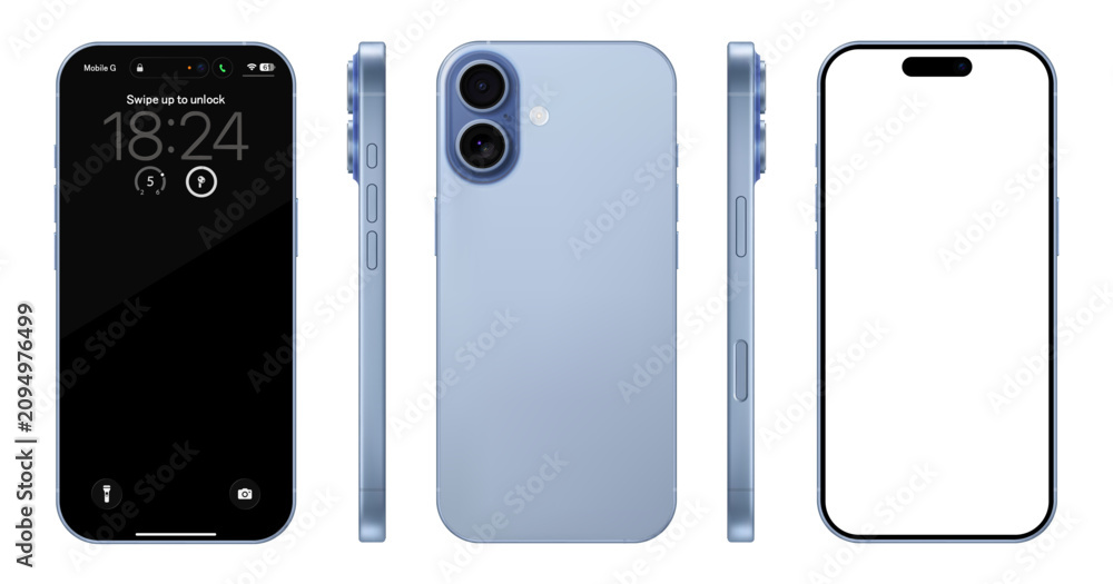 Obraz premium Detailed blue mobile phone mockup. Front, rear and side view isolated on transparent background. Vector PNG