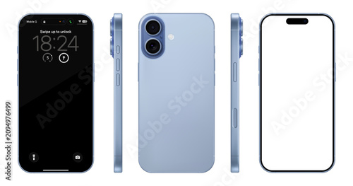 Detailed blue mobile phone mockup. Front, rear and side view isolated on transparent background. Vector PNG