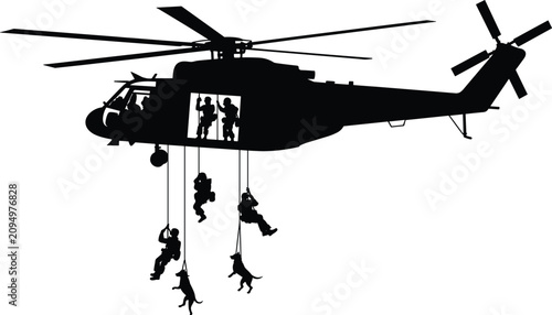 Cuadro en lienzo Military tactical helicopter fast rope insertion with special forces and K9 dogs