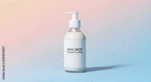 White pump bottle with hydrating lotion on pastel background