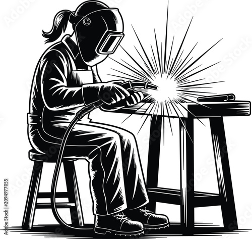 Canvastavla Female welder working at workbench fabricator welding steel vector illustration