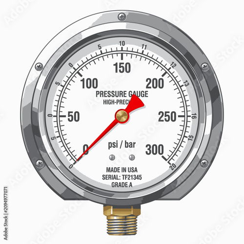 A detailed close-up of a pressure gauge with a bright red needle pointing towards a high reading. The gauge features a white face with black markings and numbers, and a metallic silver casing