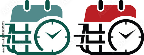 Calendar and clock icon set featuring schedule, appointment, deadline, event planner, reminder, time management, stopwatch, timetable, and productivity symbols.