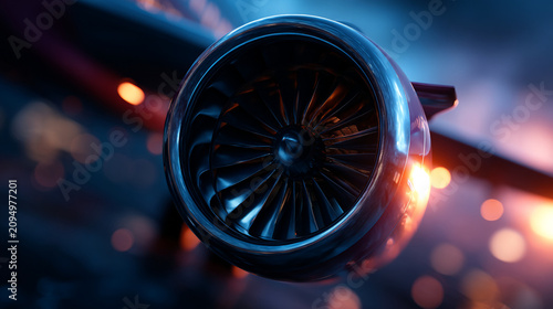 Modern airplane jet engine turbine with glowing abstract sparks and motion blur