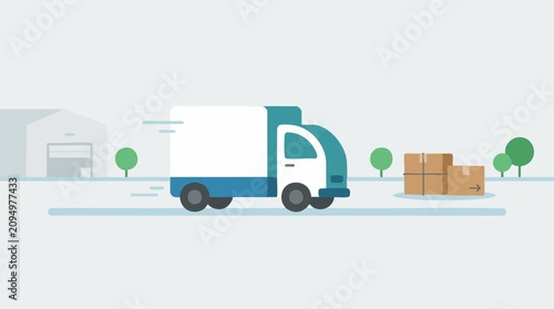 Flat design illustration of delivery truck, packages, and warehouse