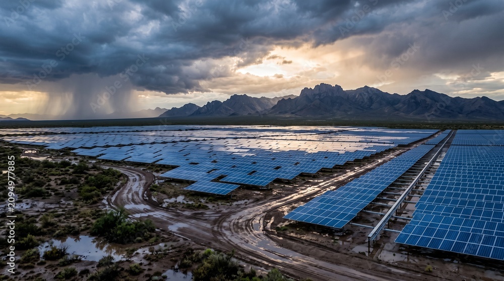 Obraz premium Aerial view of solar farm after rain with mountain range