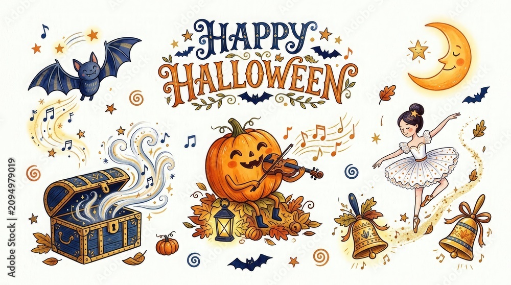 Fototapeta premium Whimsical halloween illustration with musical pumpkin ballerina and spooky elements