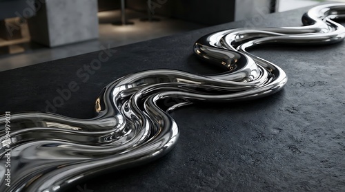 Gleaming Abstract Polished Metal Wave Sculptures on Dark Textured