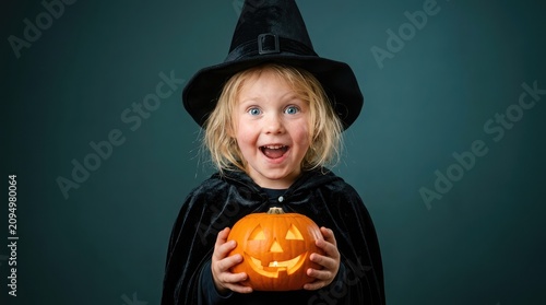 Adorable toddler in witch costume with jack o' lantern for halloween