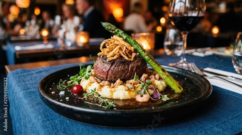 Gourmet filet mignon with mashed potatoes asparagus and red wine pairing