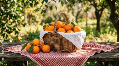 Freshly picked oranges in a wicker basket on a rustic wooden table