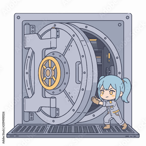 Cute chibi anime girl pushing open a massive heavy metal bank vault door illustration.