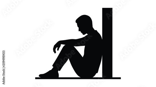 Sad lonely man sitting on the floor leaning against a wall in a black silhouette style
