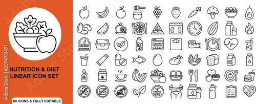 Bild auf Leinwand Nutrition and diet linear icon set outline vector icons for Apple, Banana, Orang