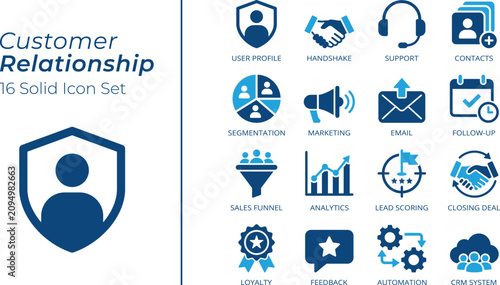 Customer Relationship & Management 16 Solid Icon Set, CRM Business Marketing, Sales, Analytics, CRM System, Handshake and more