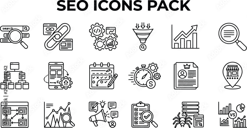 Fototapeta premium Detailed vector illustration featuring a comprehensive set of black line icons representing search engine optimization and digital marketing strategy tools