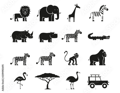 Canvas Print Minimalist animal silhouette set with safari wildlife icons for graphic design