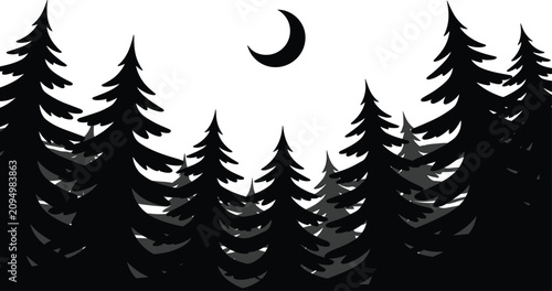 Pine forest landscape night crescent moon vector illustration black and white silhouette line art isolated on white background