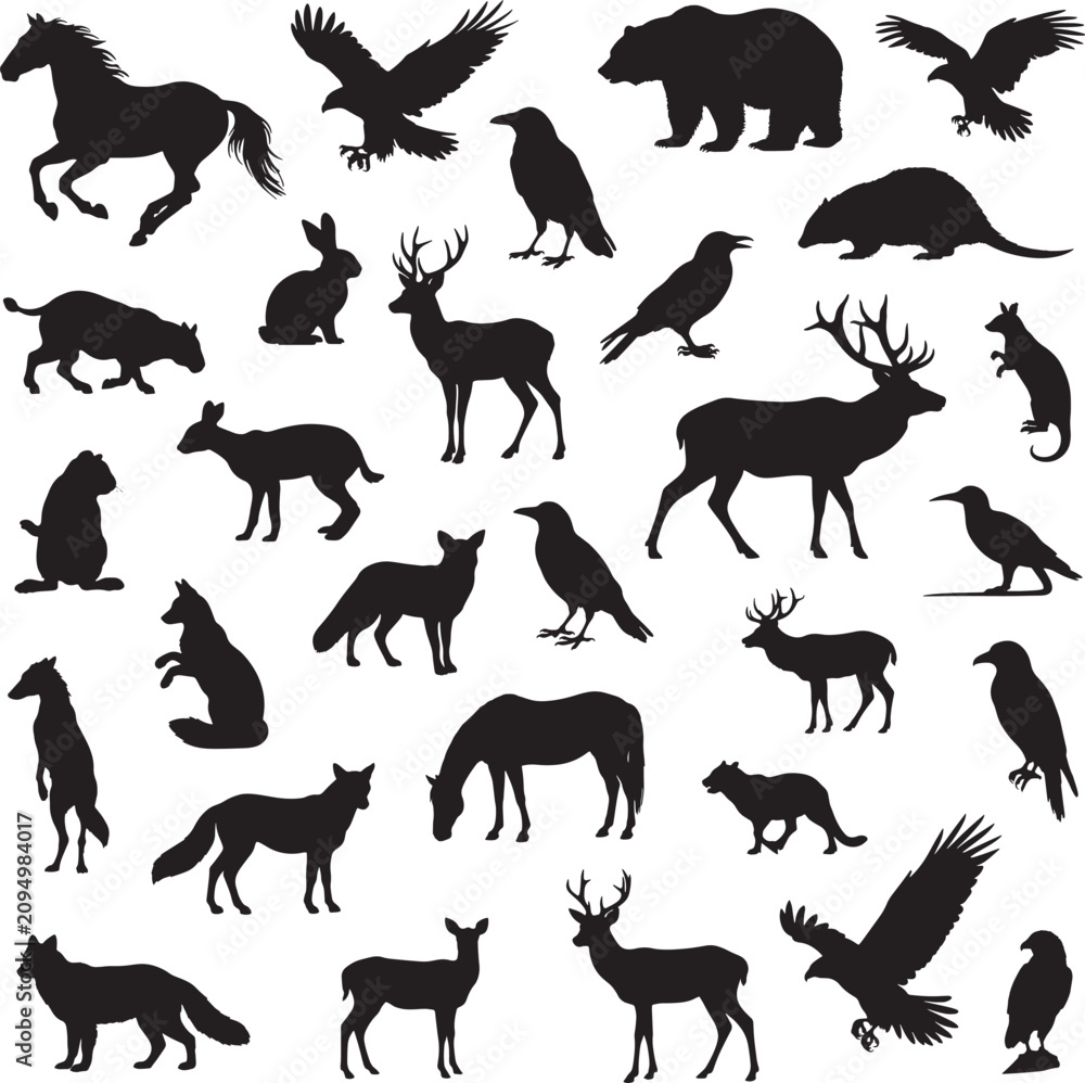 Obraz premium Forest wild animal silhouettes collection with wildlife, silhouette, animal silhouettes, including a bear, deer, wolf, eagle, and fox, arranged
