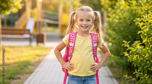 Smiling little blonde girl with pink backpack standing on path. Happy elementary student ready for school in sunny park