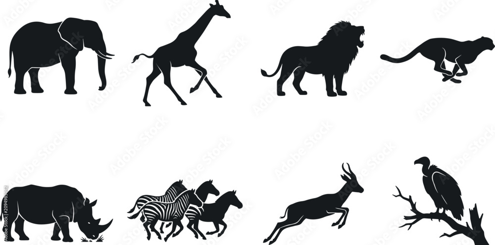 Obraz premium African safari wild animals silhouette collection set vector illustration black isolated on white background