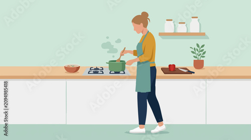 фотографія Woman cooking in a modern kitchen, stirring a pot on the stove