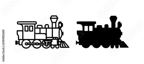 Schilderij op canvas Steam Train Silhouette, Vintage Locomotive Outline, Transportation Icons, Black