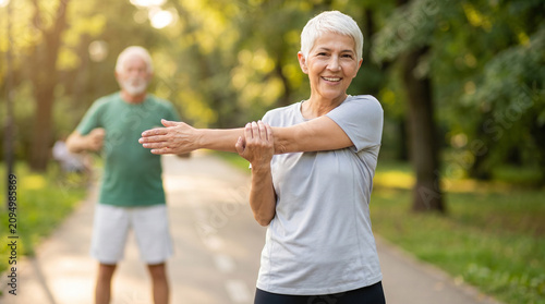 Senior woman stretches her arm while exercising outdoors in a park, with a man jogging in the background on a sunny day