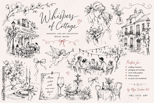 Whimsical Paris Café and Cottage Romance Sketch Collection – Vintage Hand Drawn Vector Illustrations with Couples, Café, Fountain and Floral Elements
