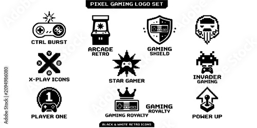 Cuadro en lienzo Gaming Brand Logo Pixel Art Black White-Controller Icon Star Burst Arcade-Retro