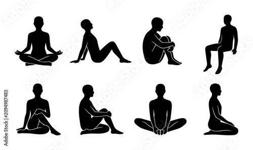 Diverse Human Poses Vector Silhouettes: Sitting, Meditating, Relaxing, Contemplating, 8 Figures