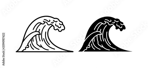 Schilderij op canvas Ocean Wave Icons, Black and White Surfing Art, Sea Swell Vector Graphics