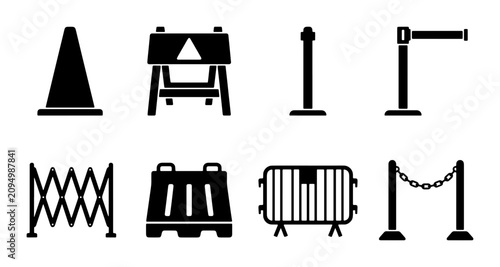 Fotografie Construction Safety Barriers, Traffic Cones, Crowd Control Stanchions, Vector Ic