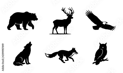 Photography Wild Animal Silhouettes Set: Bear, Deer, Eagle, Wolf, Fox, Owl Icons for Nature