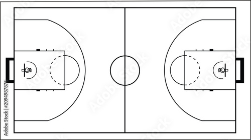 Fotografie Professional basketball court floor plan black line blueprint sports field vecto