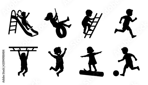 Children's Playground Silhouettes: Active Kids Playing, Sliding, Swinging, Climbing, Running, Soccer, 8 Vector Icons
