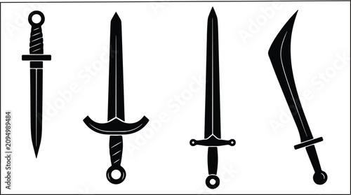 Foto Medieval sword and curved saber silhouette collection ancient weapon vector illu