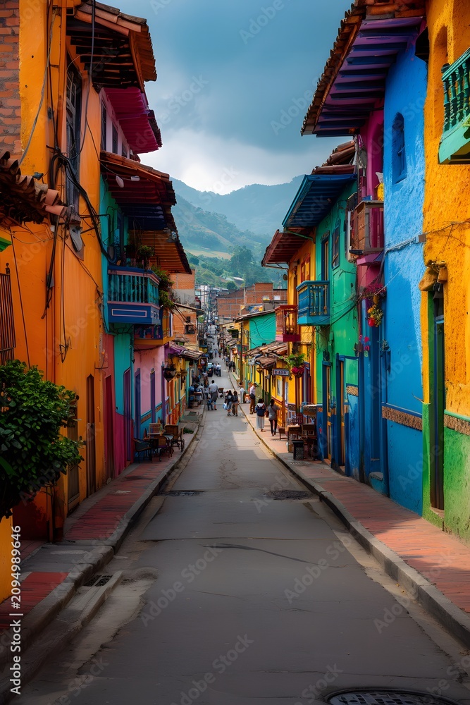 Fototapeta premium Vertical street scene in Colombia showcasing colorful buildings with vibrant hues of orange, blue, and yellow, leading to a distant mountain backdrop and bustling pedestrians