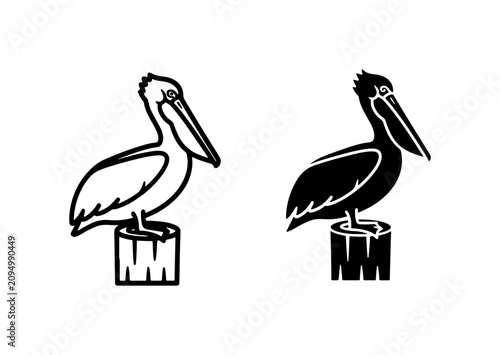 Foto Pelican Icons, Vector Art Set: Coastal Bird Silhouettes on Wooden Posts, Nautica