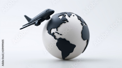 Airplane flying over globe for global travel airline tourism and international business concept