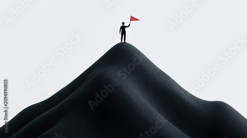 Person on mountain peak with flag for success achievement leadership and business goal concept