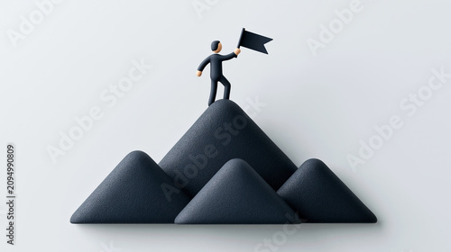 Business success concept with person holding flag on mountain peaks for leadership and goal strategy