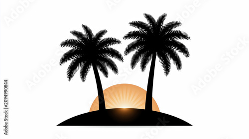 Tropical palm sunset silhouette for island vacation travel logo and summer resort branding