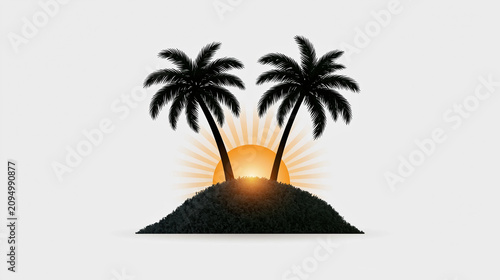 Tropical island sunrise with palm trees for vacation resort branding and summer travel design